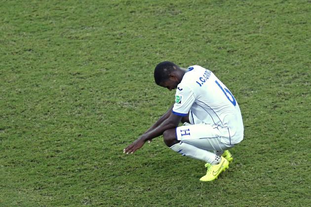 Honduras' Juan Carlos Garcia reacts after being defeated by Switzerland, 3-0, during the group E World Cup soccer match between Honduras and Switzerland at the Arena da Amazonia in Manaus, Brazil, Wednesday, June 25, 2014. (AP Photo/Frank Augstein)