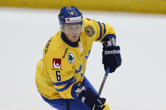 LAKE PLACID, NY - AUGUST 07: Jesper Pettersson #6 of Team Sweden skates against Team USA during the 2013 USA Hockey Junior Evaluation Camp at the Lake Placid Olympic Center on August 7, 2013 in Lake Placid, New York.  (Photo by Bruce Bennett/Getty Images)