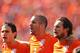 SAO PAULO, BRAZIL - JUNE 23: (L-R) Daryl Janmaat, Ron Vlaar and Daley Blind of the Netherlands sing the National Anthem prior to during the 2014 FIFA World Cup Brazil Group B match between the Netherlands and Chile at Arena de Sao Paulo on June 23, 2014 in Sao Paulo, Brazil. (Photo by Julian Finney/Getty Images)