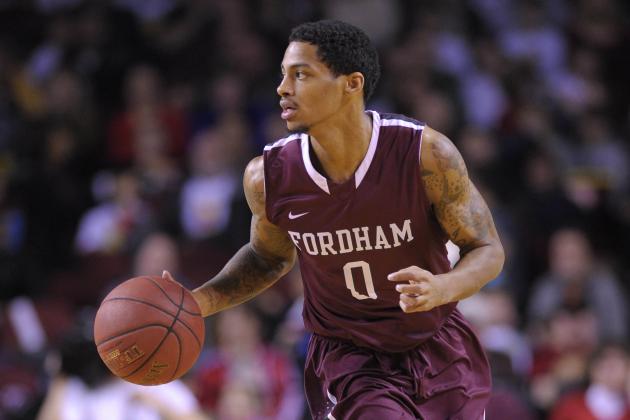 Jan 26, 2014; Amherst, MA, USA; Fordham Rams guard Branden Frazier dribbles the ball up court during the second half against the Massachusetts Minutemen at Mullins Center. Mandatory Credit: Bob DeChiara-USA TODAY Sports