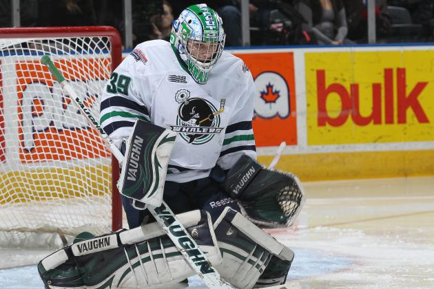 LONDON, ON - FEBRUARY 9:  Alex Nedeljkovic #39 of the Plymouth Whalers stops a shot against the London Knights during an OHL game at the Budweiser Gardens on February 9, 2014 in London, Ontario, Canada. The Knights defeated the Whalers 5-4. (Photo by Claus Andersen/Getty Images)
