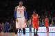 NEW YORK, NY - NOVEMBER 14: Carmelo Anthony #7 of the New York Knicks reacts after a personal foul is called on James Harden #13 of the Houston Rockets with five seconds left in the game at Madison Square Garden on November 14, 2013 in New York City. The Rockets defeat the Knicks 109-106. NOTE TO USER: User expressly acknowledges and agrees that, by downloading and/or using this photograph, user is consenting to the terms and conditions of the Getty Images License Agreement. (Photo by Maddie Meyer/Getty Images)