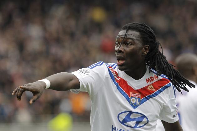 Lyon's Bafe Gomis reacts during their French League One soccer match against Ajaccio at Gerland stadium, in Lyon, central France, Sunday, Feb. 16, 2014. (AP Photo/Laurent Cipriani)