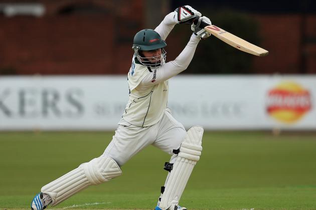 LEICESTER, ENGLAND - APRIL 27: Greg Smith of Leicestershire hits the ball towards the boundary during day one of the LV County Championship match between Leicestershire and Glamorgan at Grace Road on April 27, 2014 in Leicester, England. (Photo by Matthew Lewis/Getty Images)