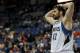 Minnesota Timberwolves forward Kevin Love (42) reacts in an NBA basketball game against the San Antonio Spurs at the Target Center on in Minneapolis on Tuesday, April 8, 2014. (AP Photo/Hannah Foslien)