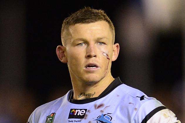 SYDNEY, AUSTRALIA - JUNE 21: Todd Carney of the Sharks looks on during the round 15 NRL match between the Cronulla-Sutherland Sharks and the Manly-Warringah Sea Eagles at Remondis Stadium on June 21, 2014 in Sydney, Australia.  (Photo by Brett Hemmings/Getty Images)