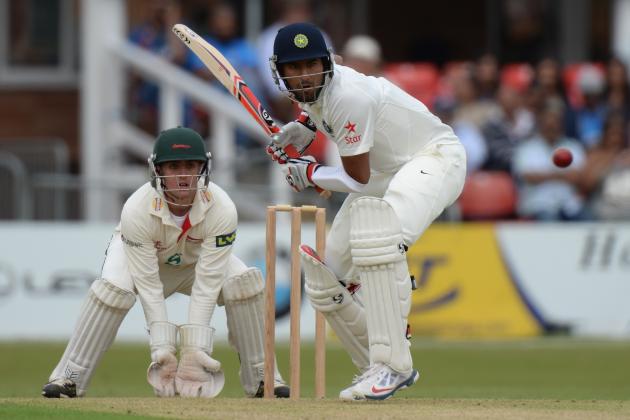 LEICESTER, ENGLAND - JUNE 26: Cheteshwar Pujara of India batting during the Tour Match between Leicestershire and India at Grace Road on June 26, 2014 in Leicester, England. (Photo by Tony Marshall/Getty Images)