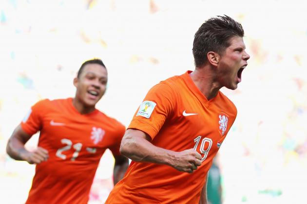 FORTALEZA, BRAZIL - JUNE 29:  Klaas-Jan Huntelaar of the Netherlands celebrates scoring his team's second goal with a penalty kick in stoppage time during the 2014 FIFA World Cup Brazil Round of 16 match between Netherlands and Mexico at Castelao on June 29, 2014 in Fortaleza, Brazil.  (Photo by Dean Mouhtaropoulos/Getty Images)