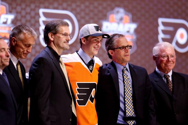 PHILADELPHIA, PA - JUNE 27: Travis Sanheim is selected seventheenth by the Philadelphia Flyers in the first round of the 2014 NHL Draft at the Wells Fargo Center on June 27, 2014 in Philadelphia, Pennsylvania. (Photo by Mitchell Leff/Getty Images)