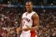 TORONTO,ON - APRIL 11: Kyle Lowry #7 of the Toronto Raptors celebartes against the New York Knicks at the Air Canada Centre on April 11, 2014 in Toronto, Ontario, Canada. NOTE TO USER: User expressly acknowledges and agrees that, by downloading and/or using this photograph, user is consenting to the terms and conditions of the Getty Images License Agreement. Mandatory Copyright Notice: Copyright 2014 NBAE (Photo by Dave Sandford/NBAE via Getty Images)