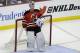 New Jersey Devils goalie Martin Brodeur stands in goal late in the third period of an NHL hockey game against the Boston Bruins in Newark, N.J., Sunday, April 13, 2014. The Devils won 3-2. (AP Photo/Mel Evans)