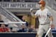 Texas' Tres Barrera celebrates a run against Vanderbilt on a single by Zane Gurwitz in the sixth inning of an NCAA baseball College World Series game in Omaha, Neb., Saturday, June 21, 2014. (AP Photo/Ted Kirk)