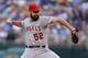 KANSAS CITY, MO - JUNE 27: Matt Shoemaker #52 of the Los Angeles Angels of Anaheim throws in the first inning against the Kansas City Royals at Kauffman Stadium on June 27, 2014 in Kansas City, Missouri. (Photo by Ed Zurga/Getty Images)