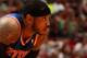 MIAMI, FL - April 6: Carmelo Anthony #7 of the New York Knicks looks on while on the court during the game against the Miami Heat at the American Airlines Arena in Miami, Florida on April 6, 2014. NOTE TO USER: User expressly acknowledges and agrees that, by downloading and/or using this photograph, user is consenting to the terms and conditions of the Getty Images License Agreement. Mandatory copyright notice: Copyright NBAE 2014 (Photo by Issac Baldizon/NBAE via Getty Images)