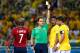FORTALEZA, BRAZIL - JULY 04: Thiago Silva of Brazil is shown a yellow card by referee Carlos Velasco Carballo during the 2014 FIFA World Cup Brazil Quarter Final match between Brazil and Colombia at Castelao on July 4, 2014 in Fortaleza, Brazil. (Photo by Gabriel Rossi/Getty Images)