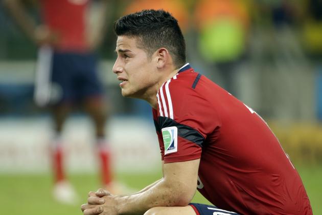 Colombia's James Rodriguez reacts at the end of the World Cup quarterfinal soccer match between Brazil and Colombia at the Arena Castelao in Fortaleza, Brazil, Friday, July 4, 2014. Brazil won 2-1 to reach the semifinals. (AP Photo/Hassan Ammar)