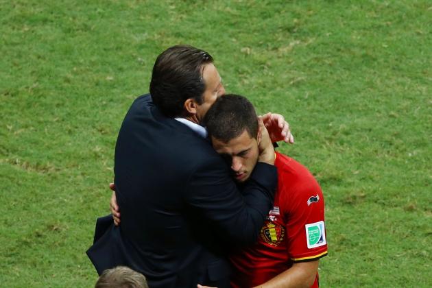 SALVADOR, BRAZIL - JULY 01: Head coach Marc Wilmots of Belgium hugs Eden Hazard as he exits the game during the 2014 FIFA World Cup Brazil Round of 16 match between Belgium and the United States at Arena Fonte Nova on July 1, 2014 in Salvador, Brazil.  (Photo by Robert Cianflone/Getty Images)