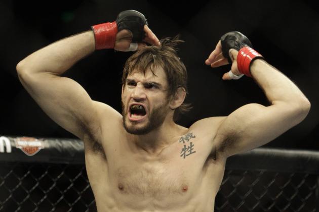 Jon Fitch reacts during a UFC mixed martial arts match against Thiago Alves in Oakland, California, Saturday, August 7, 2010. Fitch won by unanimous decision. (AP Photo/Jeff Chiu)