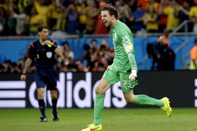 Netherlands' goalkeeper Tim Krul celebrates after saving his second penalty kick during the World Cup quarterfinal soccer match between the Netherlands and Costa Rica at the Arena Fonte Nova in Salvador, Brazil, Saturday, July 5, 2014. The Netherlands won 4-3 on penalty kicks. (AP Photo/Hassan Ammar)