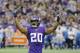 Minnesota Vikings cornerback Chris Cook celebrates during the second half of an NFL football game against the Detroit Lions, Sunday, Dec. 29, 2013, in Minneapolis. (AP Photo/Ann Heisenfelt)