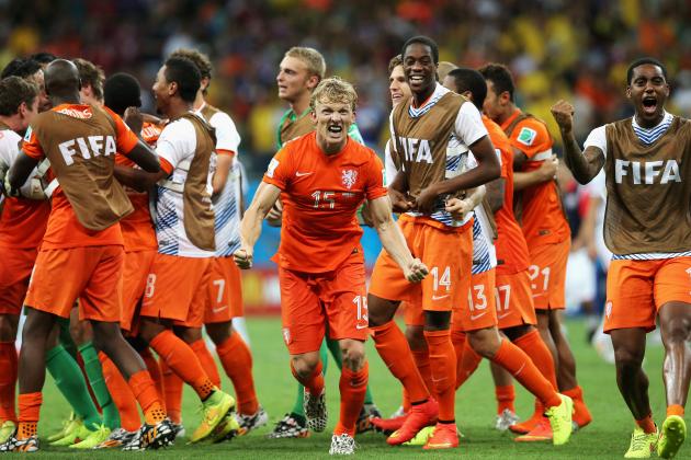 SALVADOR, BRAZIL - JULY 05:  Dirk Kuyt of the Netherlands celebrates after defeating Costa Rica in a penalty shootout during the 2014 FIFA World Cup Brazil Quarter Final match between the Netherlands and Costa Rica at Arena Fonte Nova on July 5, 2014 in Salvador, Brazil.  (Photo by Dean Mouhtaropoulos/Getty Images)