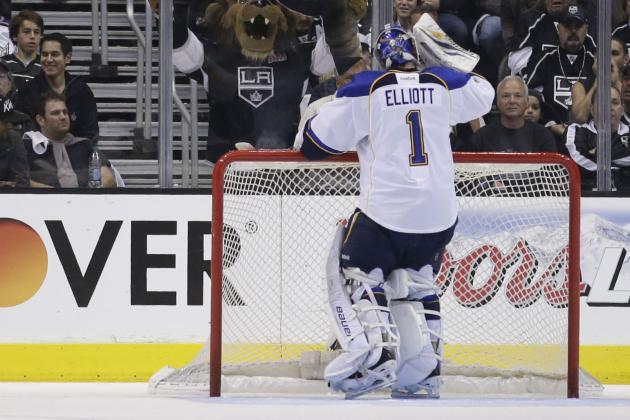 Bailey, mascot for the Los Angeles Kings, hold signs as St. Louis Blues goalie Brian Elliott drinks water during the third period in Game 3 of a first-round NHL hockey Stanley Cup playoff series in Los Angeles, Saturday, May 4, 2013. The Kings won 1-0. (AP Photo/Jae C. Hong)