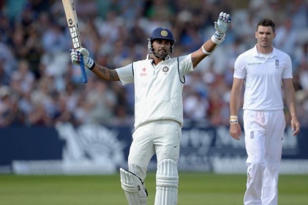 NOTTINGHAM, ENGLAND - JULY 09:  Murali Vijay of India celebrates reaching his century during day one of 1st Investec Test match between England and India at Trent Bridge on July 9, 2014 in Nottingham, England.  (Photo by Gareth Copley/Getty Images)