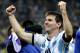 Argentina's Lionel Messi celebrates after Argentina defeated the Netherlands 4-2 in a penalty shootout after a 0-0 tie after extra time to advance to the finals during the World Cup semifinal soccer match between the Netherlands and Argentina at the Itaquerao Stadium in Sao Paulo Brazil, Wednesday, July 9, 2014. (AP Photo/Victor R. Caivano)