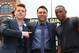 LOS ANGELES, CA - MAY 06: Boxers Canelo Alvarez (L) and Erislandy Lara (R) and Oscar De La Hoya (C), president of Golden Boy Promotions, pose onstage during the press tour for Canelo Alvarez v Erislandy Lara on May 6, 2014 in Los Angeles, California. (Photo by Victor Decolongon/Getty Images)