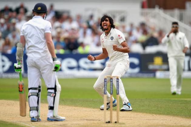 NOTTINGHAM, ENGLAND - JULY 11:  India bowler Ishant Sharma celebrates after dismissing England batsman Sam Robson during day three of the 1st  Investec Test Match between England and India at  Trent Bridge on July 11, 2014 in Nottingham, England.  (Photo by Stu Forster/Getty Images)