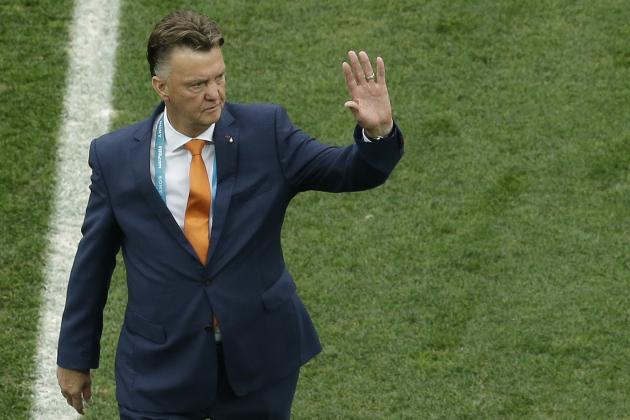 Netherlands' head coach Louis van Gaal waves as he leaves after inspecting the pitch before the World Cup semifinal soccer match between the Netherlands and Argentina at the Itaquerao Stadium in Sao Paulo Brazil, Wednesday, July 9, 2014. (AP Photo/Themba Hadebe)