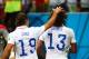 Jun 22, 2014; Manaus, Amazonas, BRAZIL; USA midfielder Jermaine Jones(13) is congratulated by midfielder Graham Zusi after scoring a second half goal against Portugal during the 2014 World Cup at Arena Amazonia. Mandatory Credit: Mark J. Rebilas-USA TODAY Sports