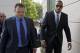 Carolina Panthers' Greg Hardy, right, arrives with agent Drew Rosenhaus at the Mecklenburg County courthouse in Charlotte, N.C., Tuesday, July 15, 2014, for Hardy's domestic assault trial, . (AP Photo/Chuck Burton