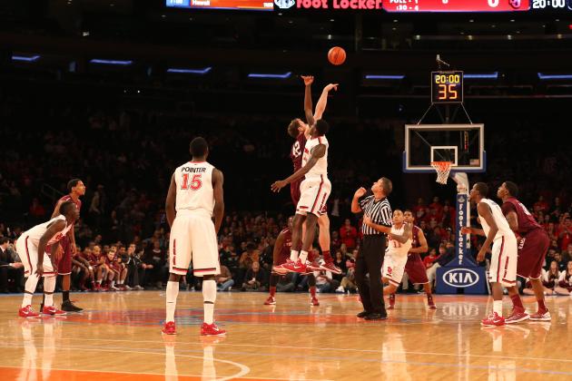 Dec 8, 2012; New York, NY, USA;  Tip off for the game between the St. John's Red Storm and Fordham Rams at the MSG Holiday Festival held at Madison Square Garden.  Mandatory Credit: Anthony Gruppuso-USA TODAY Sports