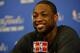 Jun 11, 2014; Miami, FL, USA; Miami Heat guard Dwyane Wade (3) speaks to the media prior to practice before game four of the 2014 NBA Finals against the San Antonio Spurs at American Airlines Arena. Mandatory Credit: Steve Mitchell-USA TODAY Sports
