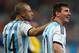 SAO PAULO, BRAZIL - JULY 09: Javier Mascherano and Lionel Messi of Argentina celebrate victory over the Netherlands in a penalty shootout during the 2014 FIFA World Cup Brazil Semi Final match between the Netherlands and Argentina at Arena de Sao Paulo on July 9, 2014 in Sao Paulo, Brazil. (Photo by Clive Rose/Getty Images)