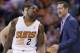 Phoenix Suns' Eric Bledsoe (2) and Goran Dragic, back, of Slovenia, talk with head coach Jeff Hornacek, right, during the second half of an NBA basketball game against the Cleveland Cavaliers, Wednesday, March 12, 2014, in Phoenix. The Cavaliers defeated the Suns 110-101. (AP Photo/Ross D. Franklin)