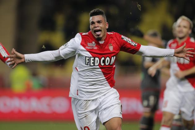 Monaco's Emmanuel Riviere of France celebrates after scoring the first goal against Ajaccio  during their French League One soccer match, in Monaco stadium, Sunday, Dec. 8, 2013. (AP Photo/Lionel Cironneau)