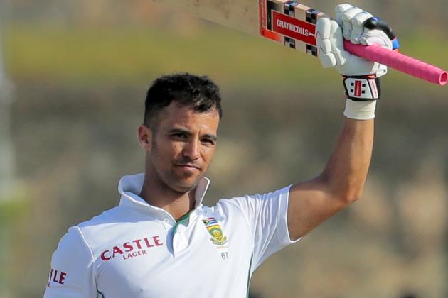 South African cricketer Jean-Paul Duminy celebrates scoring a century during the second day of the first test cricket match between Sri Lanka and South Africa in Galle, Sri Lanka, Thursday, July 17, 2014. (AP Photo/Eranga Jayawardena)