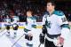 WINNIPEG, CANADA - JANUARY 12: Dan Boyle #22, Joe Thornton #19, Joe Pavelski #8 and Patrick Marleau #12 of the San Jose Sharks stands on the blueline prior to facing the Winnipeg Jets at the MTS Centre on January 12, 2012 in Winnipeg, Manitoba, Canada. (Photo by Travis Golby/NHLI via Getty Images)