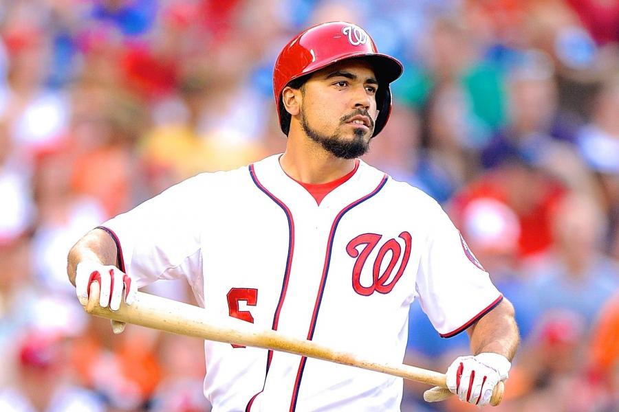 Washington Nationals Anthony Rendon watches the flight of a first