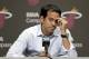 Miami Heat head coach Erik Spoelstra pauses as he talks to reporters during a news conference in Miami, Tuesday, June 17, 2014. The Miami Heat held their season-wrapup team meeting on Tuesday afternoon and one of the biggest questions is about the future of the roster. LeBron James could become a free agent in a couple of weeks and the four-time MVP says he still has not thought about his plans.(AP Photo/Alan Diaz)