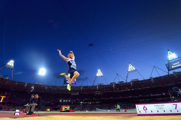 LONDON, ENGLAND - AUGUST 04:  Greg Rutherford of Great Britain on his way to winning the gold medal in the Men's Long Jump Final on Day 8 of the London 2012 Olympic Games at Olympic Stadium on August 4, 2012 in London, England.  (Photo by Stu Forster/Getty Images)