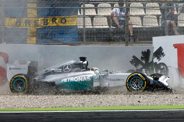 HOCKENHEIM, GERMANY - JULY 19:  Lewis Hamilton of Great Britain and Mercedes GP crashes during qualifying ahead of the German Grand Prix at Hockenheimring on July 19, 2014 in Hockenheim, Germany.  (Photo by Getty Images/Getty Images)
