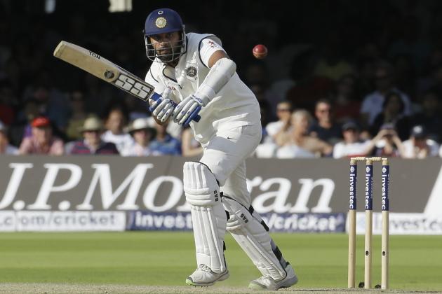 India's Murali Vijay plays a shot off the bowling of England's James Anderson during the third day of the second test match between England and India at Lord's cricket ground in London, Saturday, July 19, 2014. (AP Photo/Kirsty Wigglesworth)