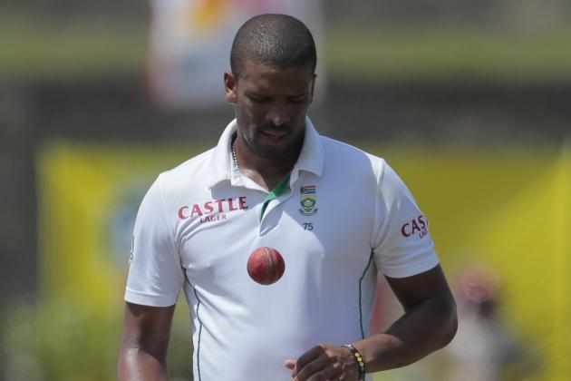 South African bowler Vernon Philander tosses a ball during the fifth day of the first test cricket match between Sri Lanka and South Africa in Galle, Sri Lanka, Sunday, July 20, 2014. Philander has been fined 75 per cent of his match fee for tampering with the ball in the first test against Sri Lanka. (AP Photo/Eranga Jayawardena)