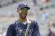 Tampa Bay Rays pitcher David Price laughs with a teammate after taking batting practice before a baseball game against the Minnesota Twins in Minneapolis, Sunday, July 20, 2014. (AP Photo/Ann Heisenfelt)
