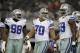 Dallas Cowboys defensive end Clifton Geathers (98), Tyrone Crawford (70) and Baraka Atkins (59) during a preseason NFL football game against the St. Louis Rams Saturday, Aug. 25, 2012, in Arlington, Texas. (AP Photo/LM Otero)