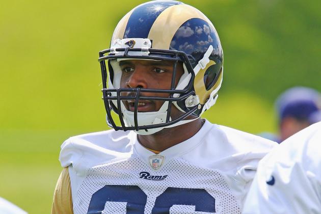 EARTH CITY, MO - MAY 16: Michael Sam #96 of the St. Louis Rams participates in a rookie minicamp at Rams Park on May 16, 2014 in Earth City, Missouri.  (Photo by Dilip Vishwanat/Getty Images)