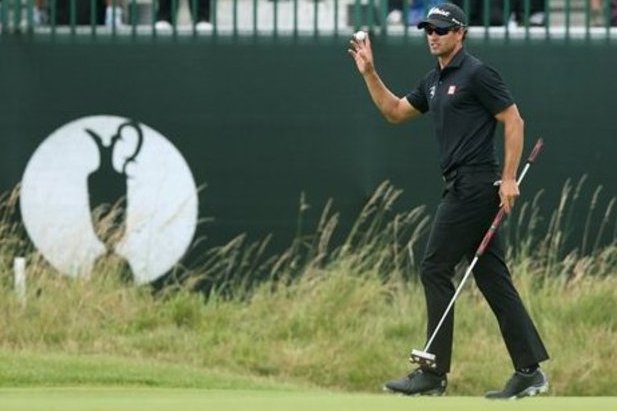 Adam Scott of Australia celebrates playing a birdie on the 3rd hole during the final round of the British Open Golf championship at the Royal Liverpool golf club, Hoylake, England, Sunday July 20, 2014. (AP Photo/Jon Super)